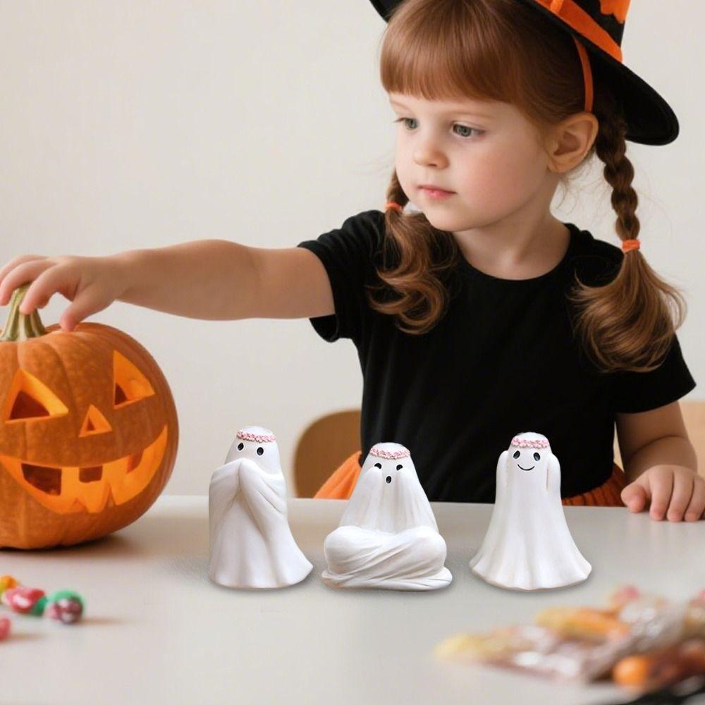 3pcs Resin Halloween Ghost Decor Set Cartoon Ghost Art Sculpture Floral Haunting Ornaments  Home