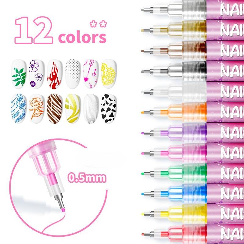 12 Color 0.5mm Needle Tip Nail Painted Graffiti Pen DIY Quick Drying Dot Flower Hook Line Waterproof Acrylic Pigment Pen