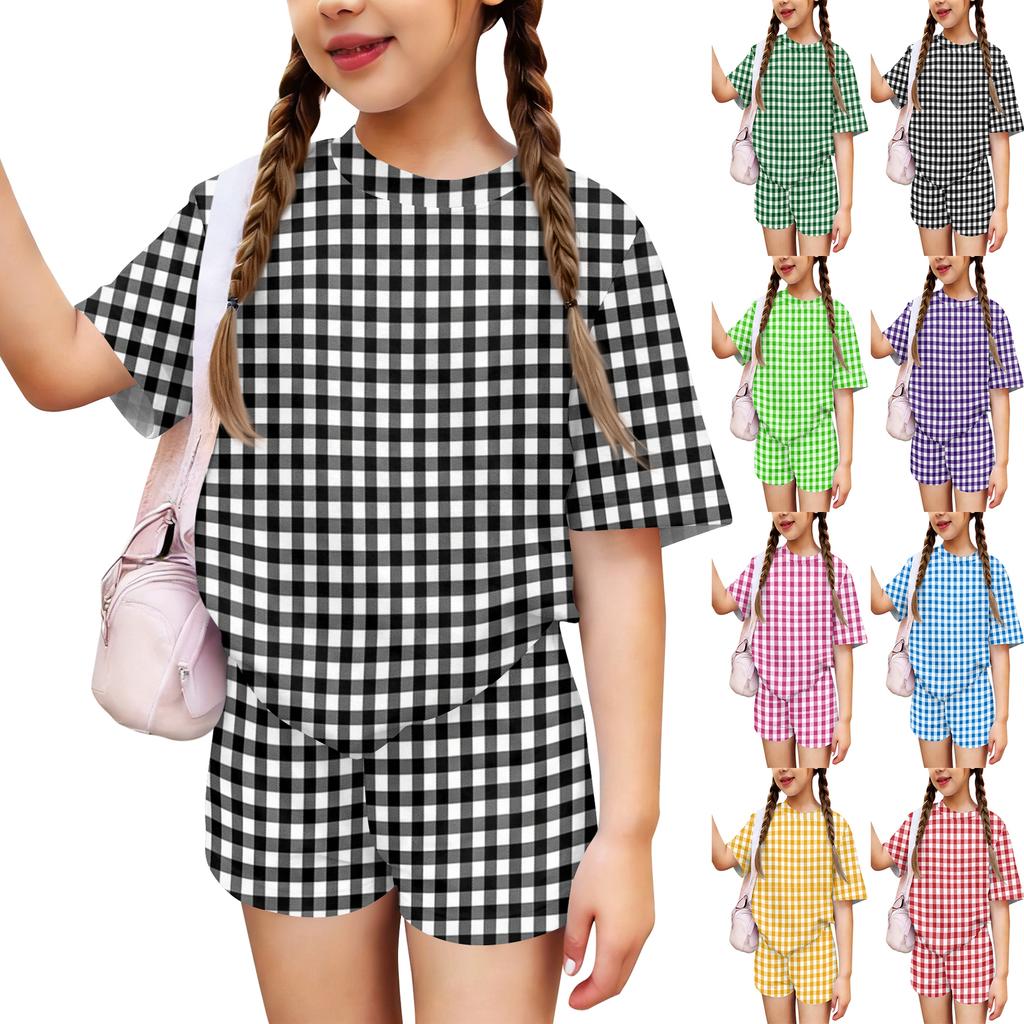 Kids Casual Short Sleeve Top and Shorts Set Plaid Pattern Lightweight Breathable Soft Fabric Comfortable Fit Summer Outfit for Boys Girls