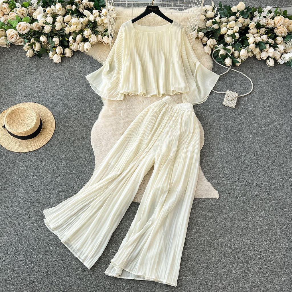 New Women Causal Chiffon Two Piece Set Spring Summer Loose Oversized Shirt Top High Waist Straight Leg Pants Pleated Suits