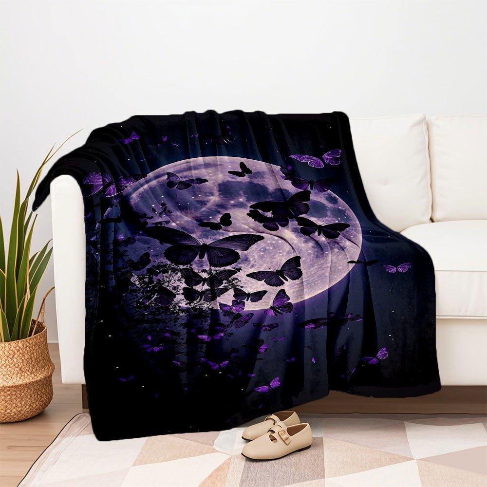 "Enchanted Night Butterfly Moon Wall Art Print"Blanket Flannel Throw Blanket for Sofa, Bed, Travel, Camping, Office