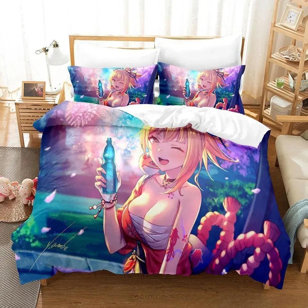 Game Yoimiya Genshin Impact Bedding Set Cartoon Anime Three-piece Set Adult Kid Bedroom Duvet Cover Sets 3D Kawaii Girls