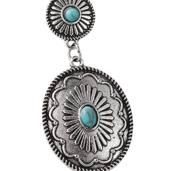 1 Pair Women Dangle Earrings Ethnic Round Shape Retro Bohemian Style Faux Turquoise Stainless Alloy