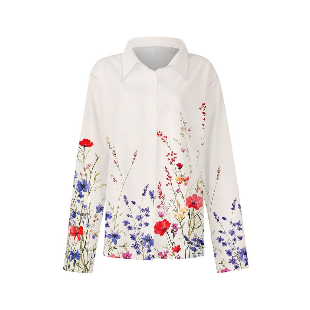 Kadın Gömlek Çiçek Baskılı Düğmeli Uzun Kollu Günlük Normal Gömlek Bluzlar Günlük Büyük Beden Temel Üstler