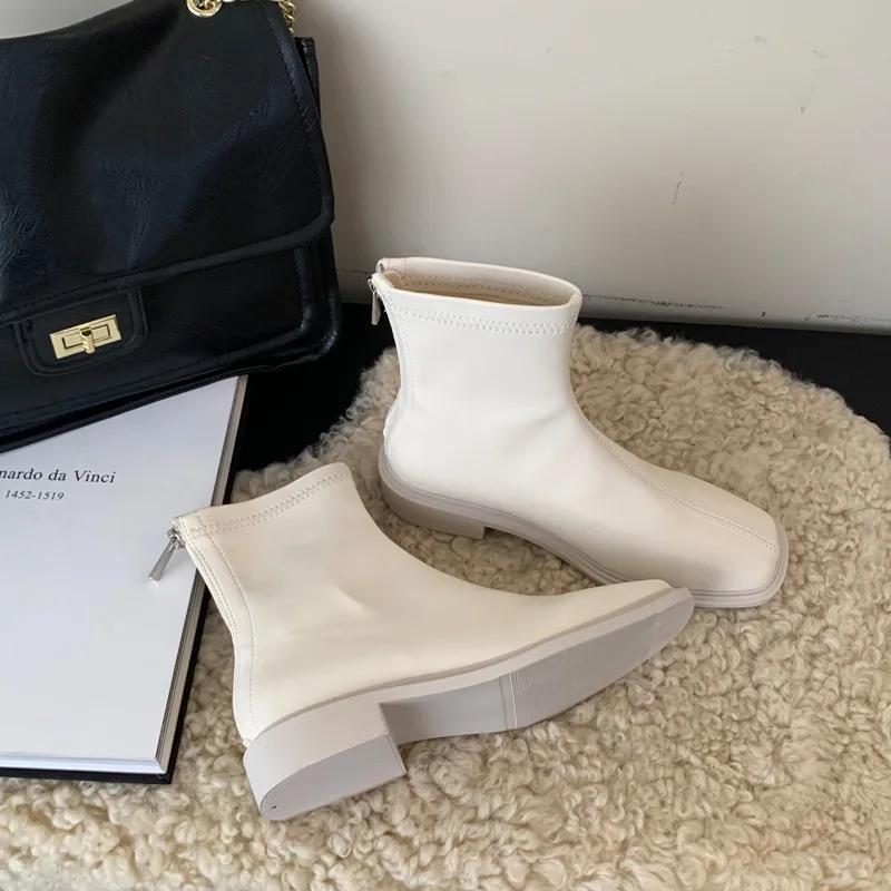 2024 Skinny Short Boots Female Head Knight Middle Heel Star Style Soft Leather  Boots Thick Heel Long Boots Platform Shoes
