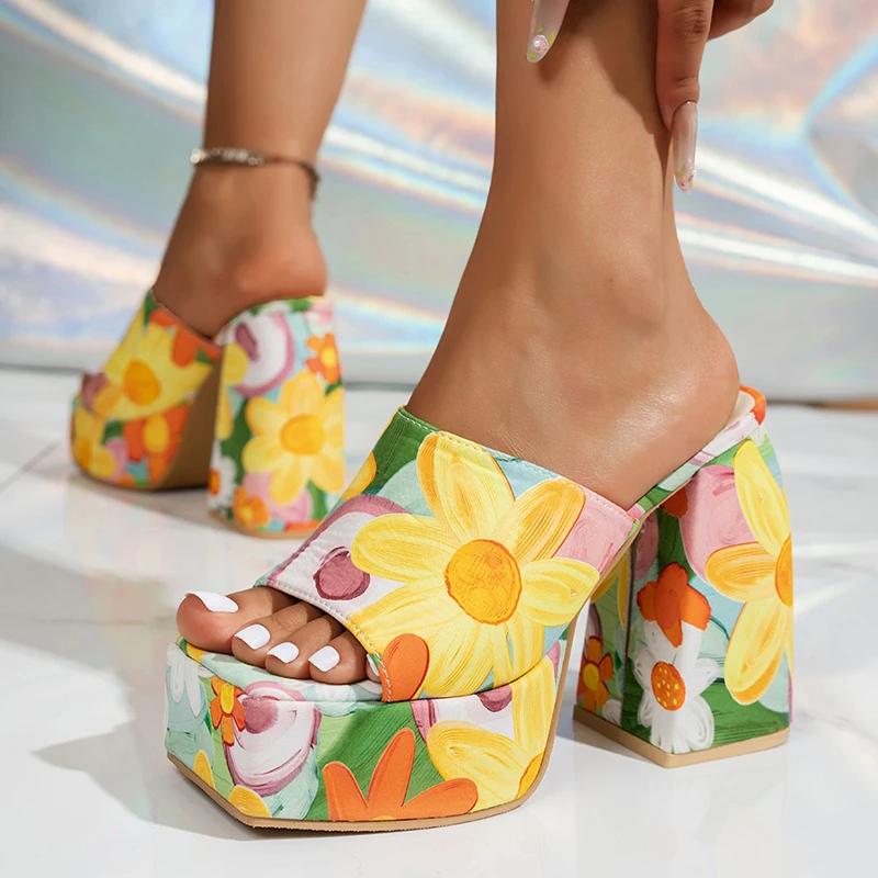 Fashion Chunky Platform Thick Heels Sandals Women Summer 2025 Super High Heeled Square Toe Mules Shoes Woman Holiday Floral Sandalias 42