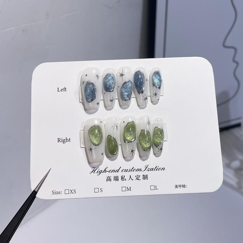 Handmade Press-On Nails With 3D Relief Design Cat Eye Effect Sparkling Dual-Tone Mismatched Tips Women