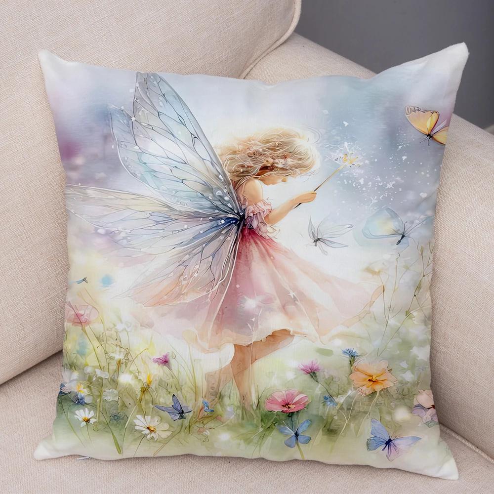 Niedlicher Cartoon Waldmädchen Elfen Kissenbezug Doppelseitig bedruckter Kissenbezug Deko für Sofa Zuhause Superweicher Plüsch Kissenbezug 40x40cm