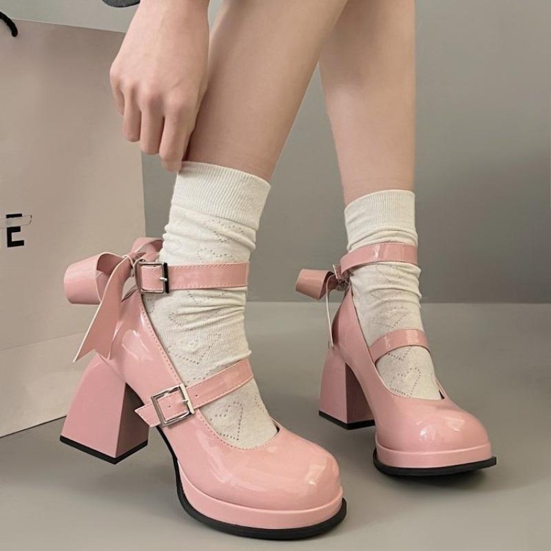 Fashion Women's Spring New Single Shoes Round Head Shallow Bow Thick Sole Anti-slip Wear High Heel Mary Jane Shoes