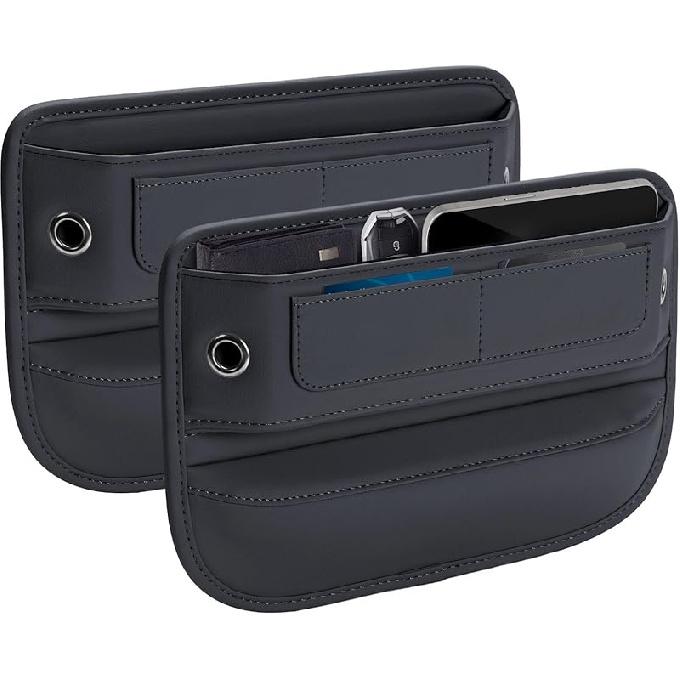 Universal Fit Premium Leather Car Seat Gap Filler Organizer, Center Console Organizer With Card Slots For Car Suv Truck (Black, 2 Pack)