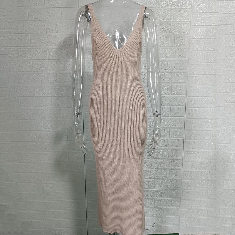 New knitted dress women's, sexy V-neck suspender tight mid-length dress European and American women's clothing
