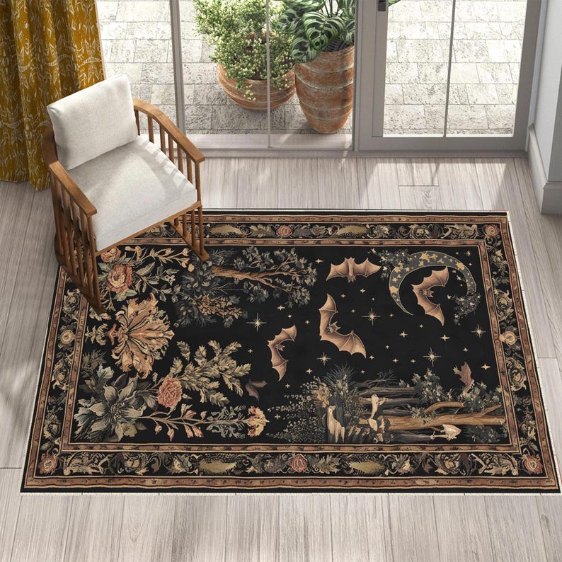 Dark Academia Vleermuis Gotisch Tapijt Heksachtig Whimsigoth Bos Design Gebiedskleed Stemmig Cottagecore Decor voor Slaapkamer Woonkamer Tapijt 60*90cm