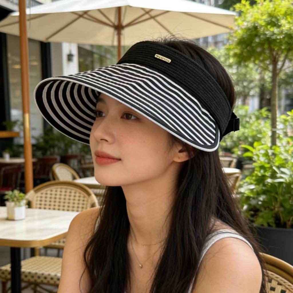 Striped grass-woven empty hat, spring/summer outdoor sun hat, women's European and American wraparound wide-brim sun protection hat