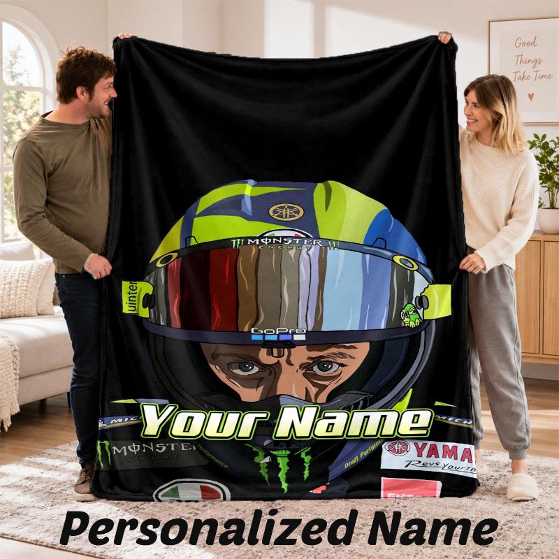 Custom Name Valentino Rossi Flannel Throw Blanket Personalized Text Soft Blanket Bed Sofa Gift