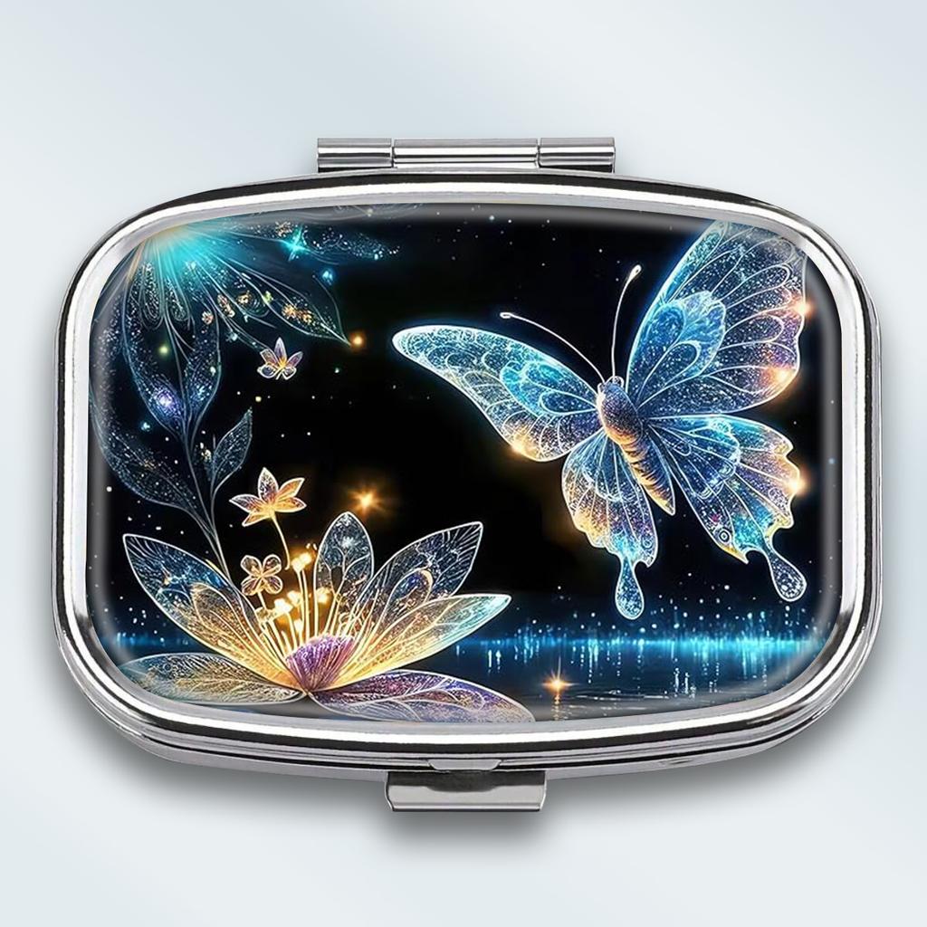 Tragbare Pillendose mit 2 Fächern, Mini-Metall-Medikamenten-Organizer-Etui, Niedlicher bedruckter Pillenbehälter für Vitamine, Pillen, Schmuck, Reisen, Tägliche Anwendung