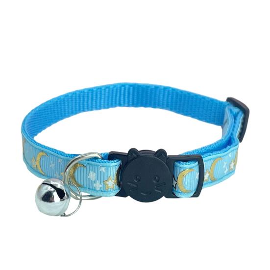 

Ошейник для питомца Лицо кошки Застежка безопасности Быстросъемный Регулируемая длина Мягкий колокольчик Горячее тиснение Дизайн Звезда Луна Ошейник для кошки небесно-голубой