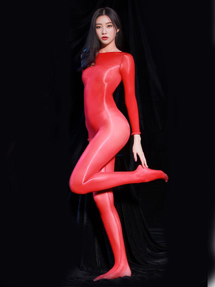 Sexy Sheer See Through Oil Glossy Elastic Bodysuit Bodycon Thong Tights Open Crotch Jumpsuits Seamless Cosplay Maid Leotard