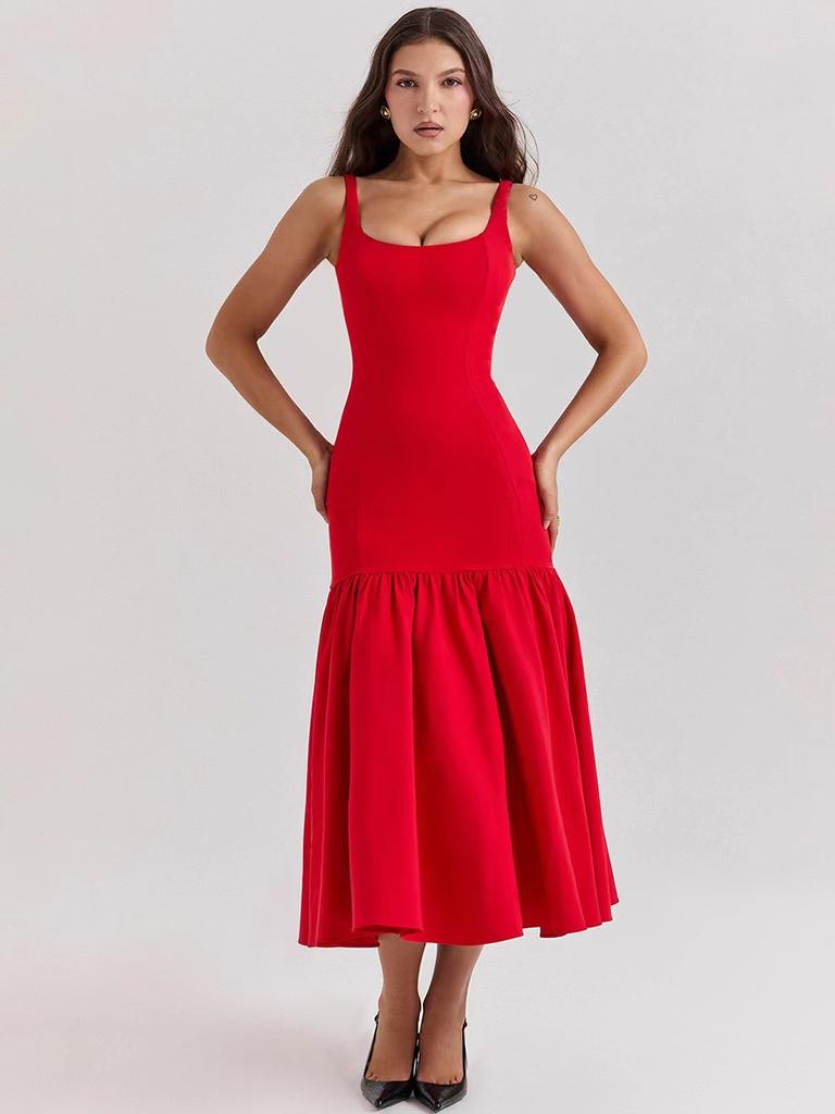 Women's Square Neck Sleeveless Slim High Waist Elegant Solid Midi Dress Maxi Dress