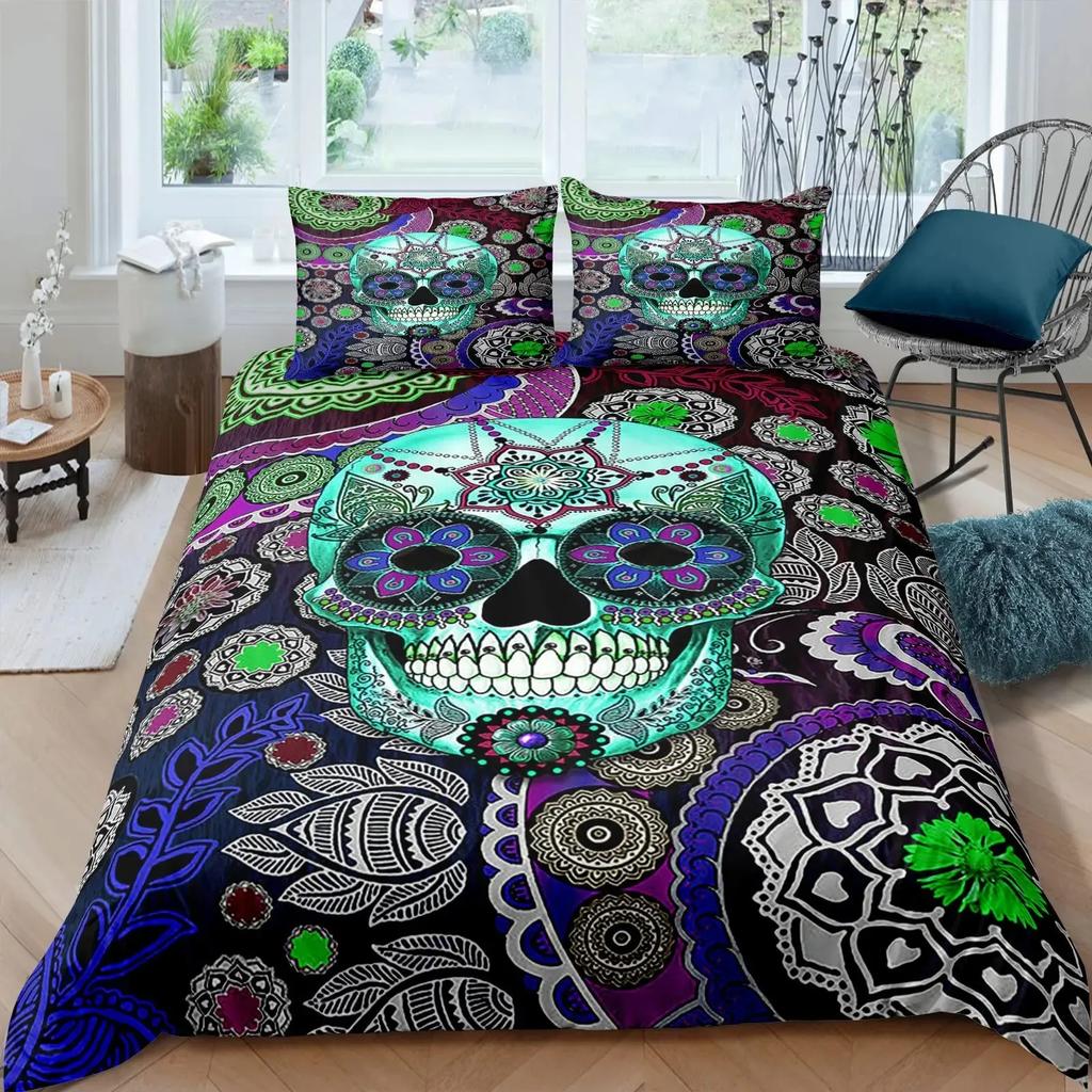 3D Printed Floral Skull Duvet Cover Set Mandala and Sugar Skull Bedding Sets Skeleton Bones Roses Floral Quilt Cover King Size