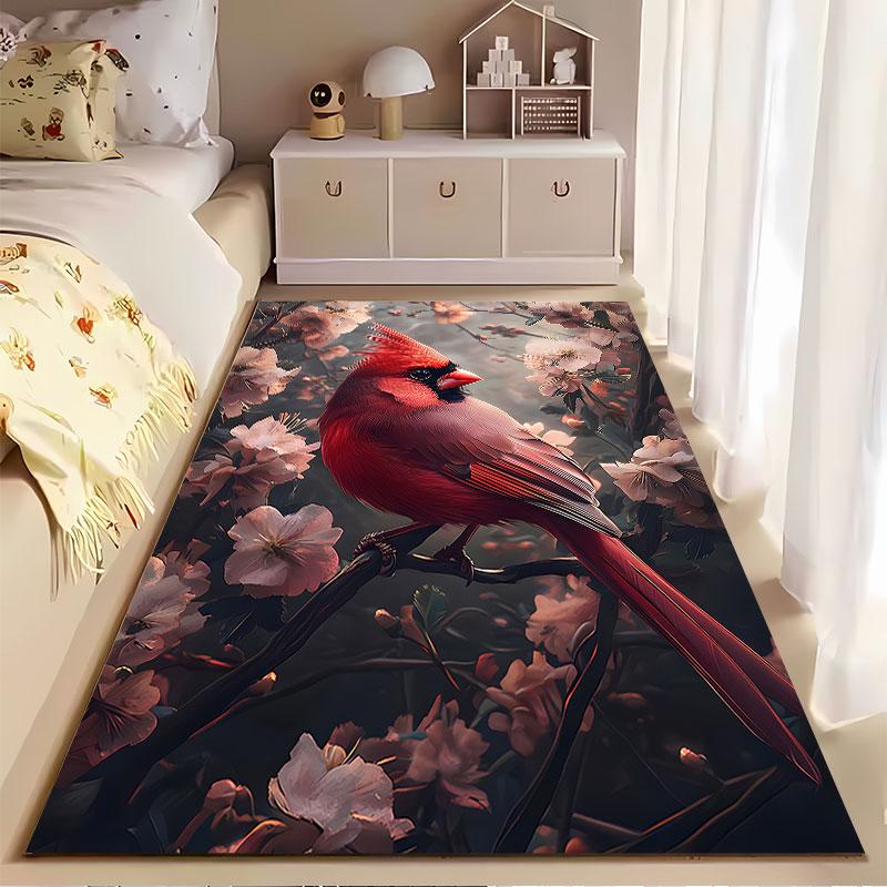 Red Cardinal with Floral Branches Suitable As a Non-slip Mat for the Living Room or Bedroom Sofa