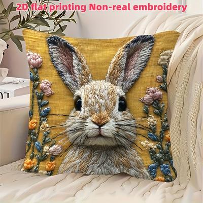 Adorable 2D Flat-Printed Bunny Embroidered Pillow Cover for Cozy Decor Sofa Cushion Cover, Home Decoration, 2D Printing