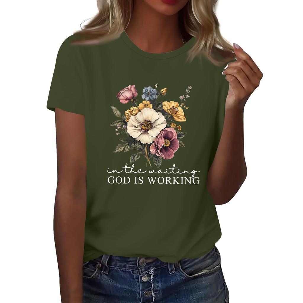 Ladies' Loose Comfortable Casual Fashionable Plant Flower Printed Round Neck Short Sleeved Shirt