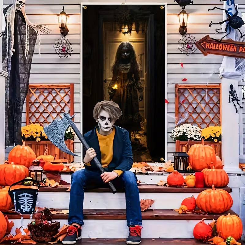 2D Halloween Haunted Girl Door Banner, Scary Spooky Party Decor