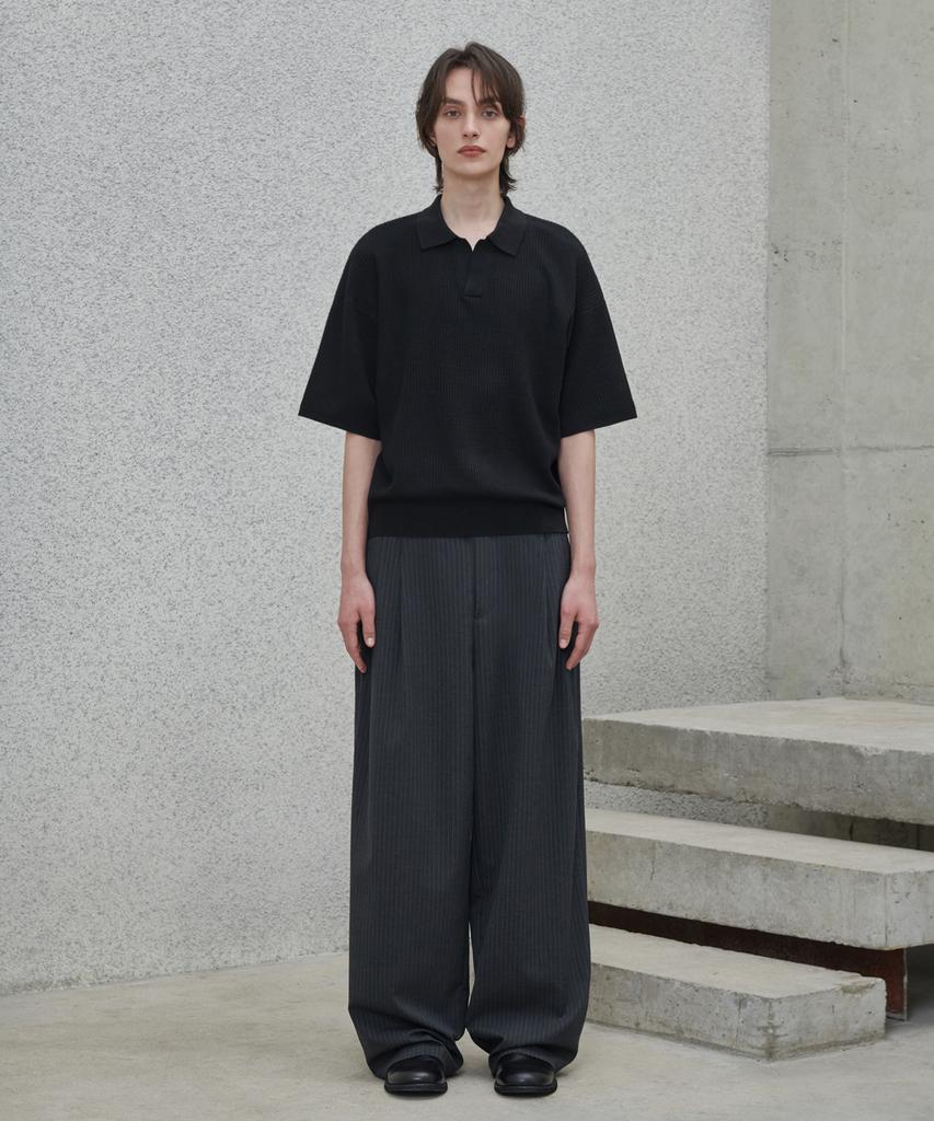 GLW Double-Pleat Wide Striped Slacks Charcoal