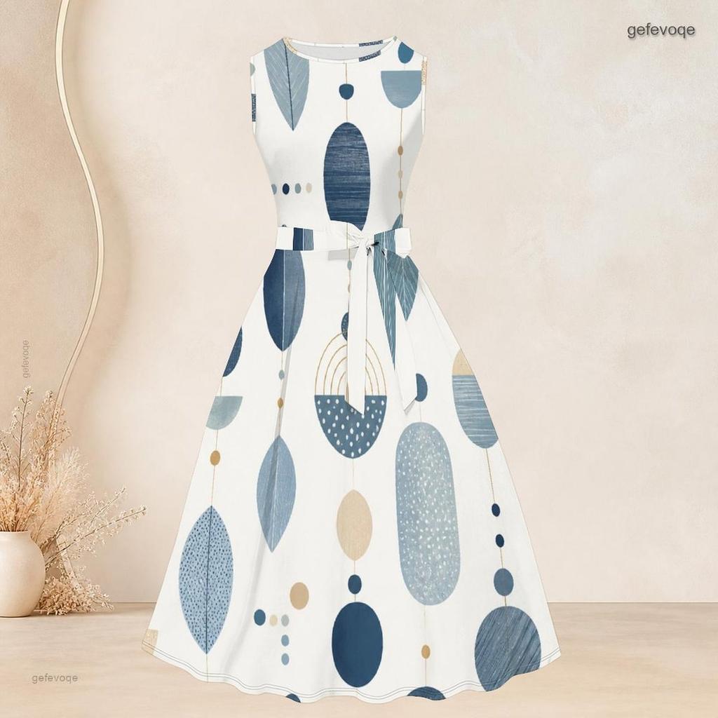 Women Plus Size Two Piece Outfit Round Neck Sleeveless Tie Waist Flared Dress Three Quarter Sleeve Open Cardigan Geometric Printed Pink Black White