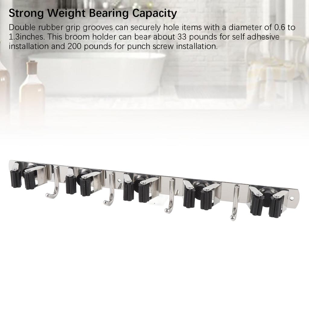 Mop and Broom Holder Wall Mount 304 Stainless Steel 5 Slots 4 Hooks Broom Hanger for Garage Laundry