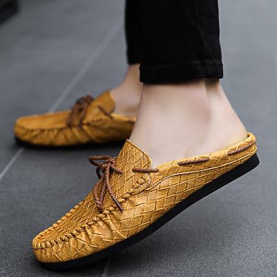 2025 Outdoor Leather Mules Mens Backless Loafers Slippers Half Shoes For Men Slide Closed Toe Sandals Man Semi-Drag Casual Shoes