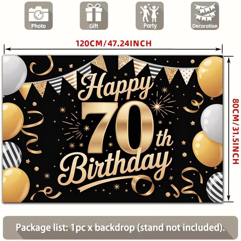 2D Happy 70th Birthday Backdrop Black Gold Ribbon Party Decoration