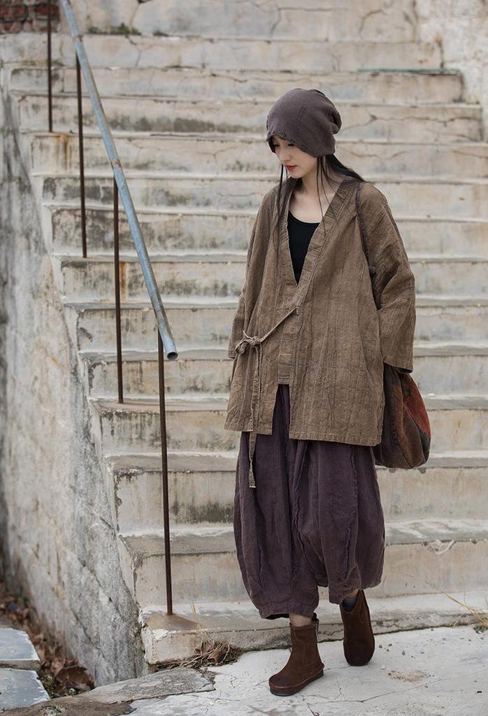 Women's Zen-Style Tie-Dye Pleated Cotton Linen Jacket with Lace-Up Oblique Lapel