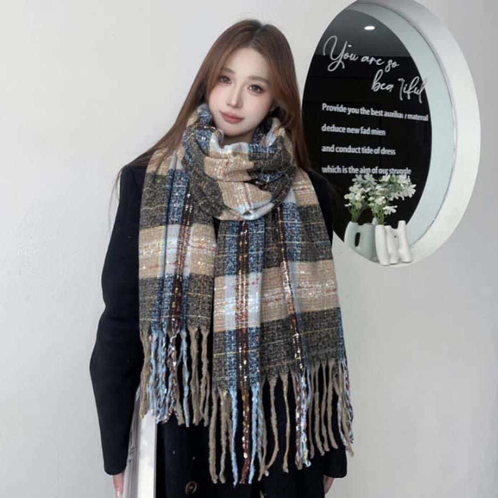 Cold-proof Plaid Knitted Scarf Soft Women Thickened Scarf Shawl Long Tassel Neckscarf  Christmas