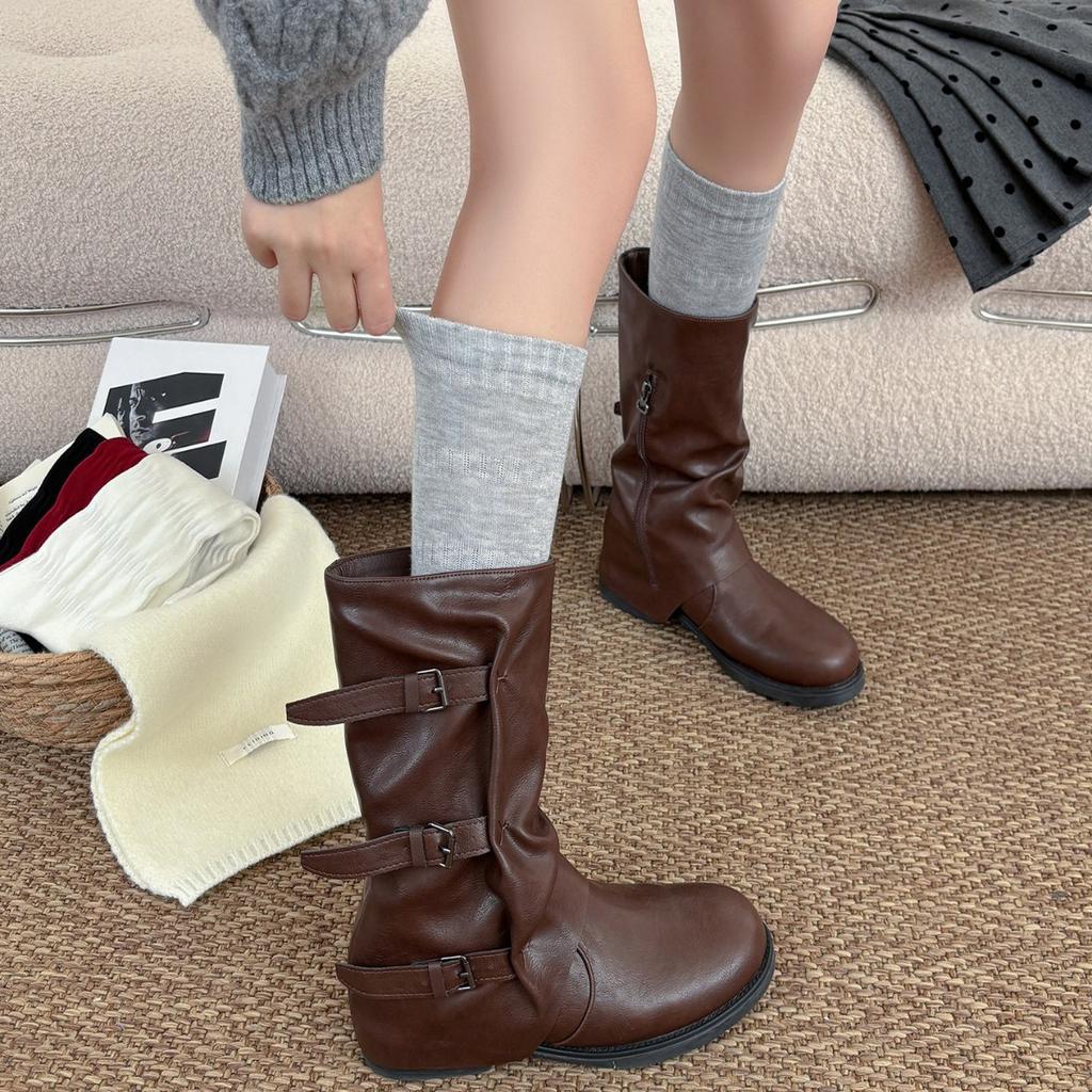Knitted Warm Vertical Pattern Thin Medium Tube Calf Socks Women'S Boneless Micro-Pressure Maillard Anti-Skid Autumn And Winter Stacking Socks