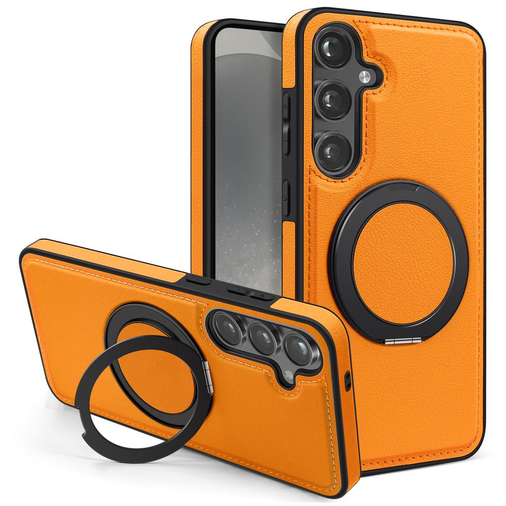 For Samsung Galaxy S24 Case with Ring Kickstand Compatible with MagSafe PU Leather Back Cover