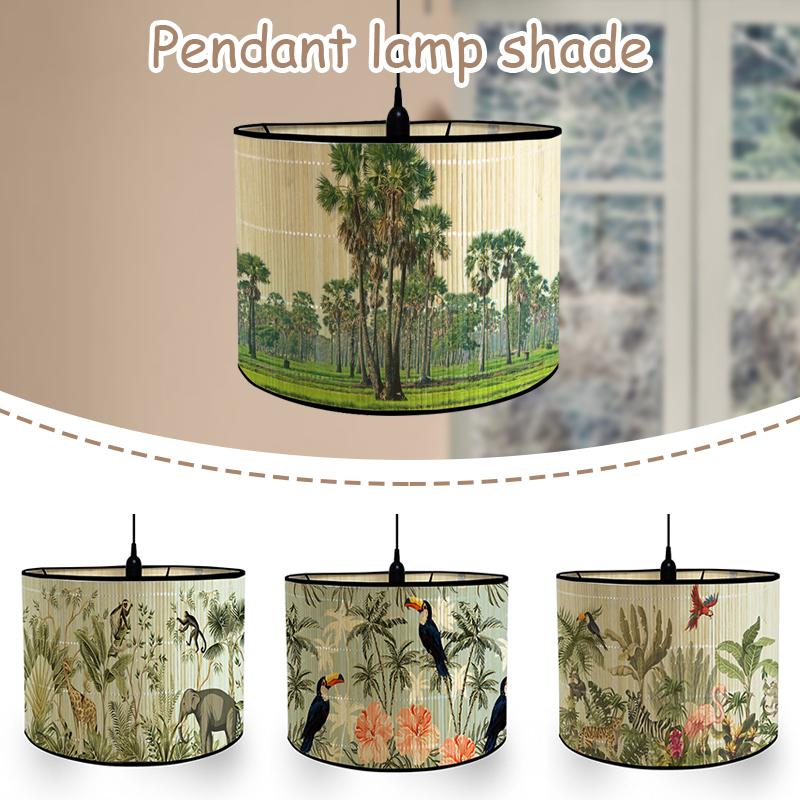 Nordic Green Plant Painting Bamboo Lampshade Abstract Retro Style Light Cover Chandelier Room Hotel Decor Bamboo Art Light Shade