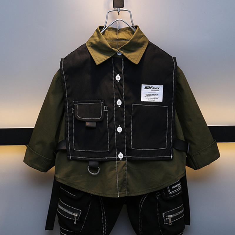 Boys Spring and Autumn Waistcoat Fake Two-piece Shirt Spring Small and Medium-sized Children Boys Casual Trendy Clothes Tops