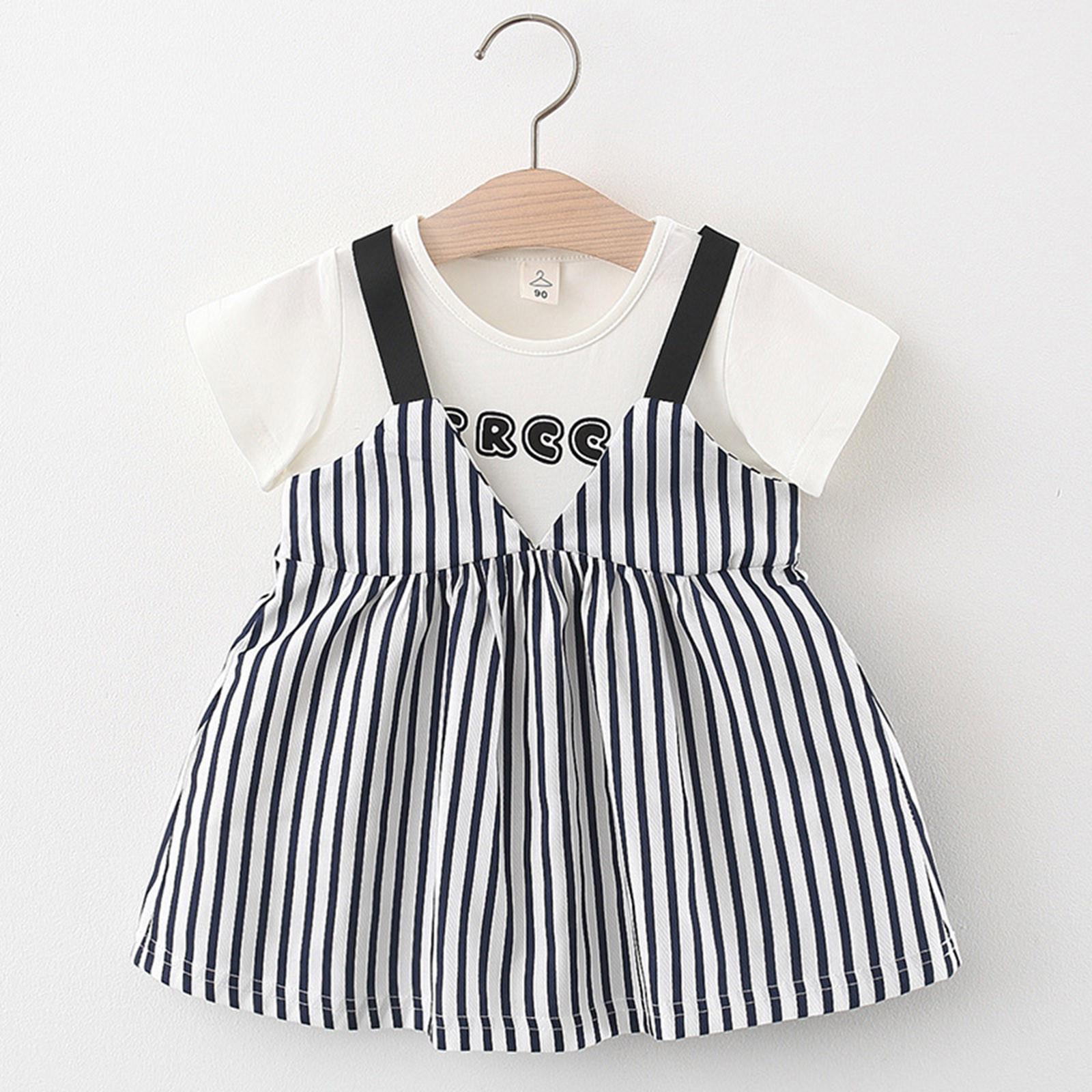 

Toddler Baby Kids Girls Summer Patchwork Letter Stripe Dress Princess Dresses