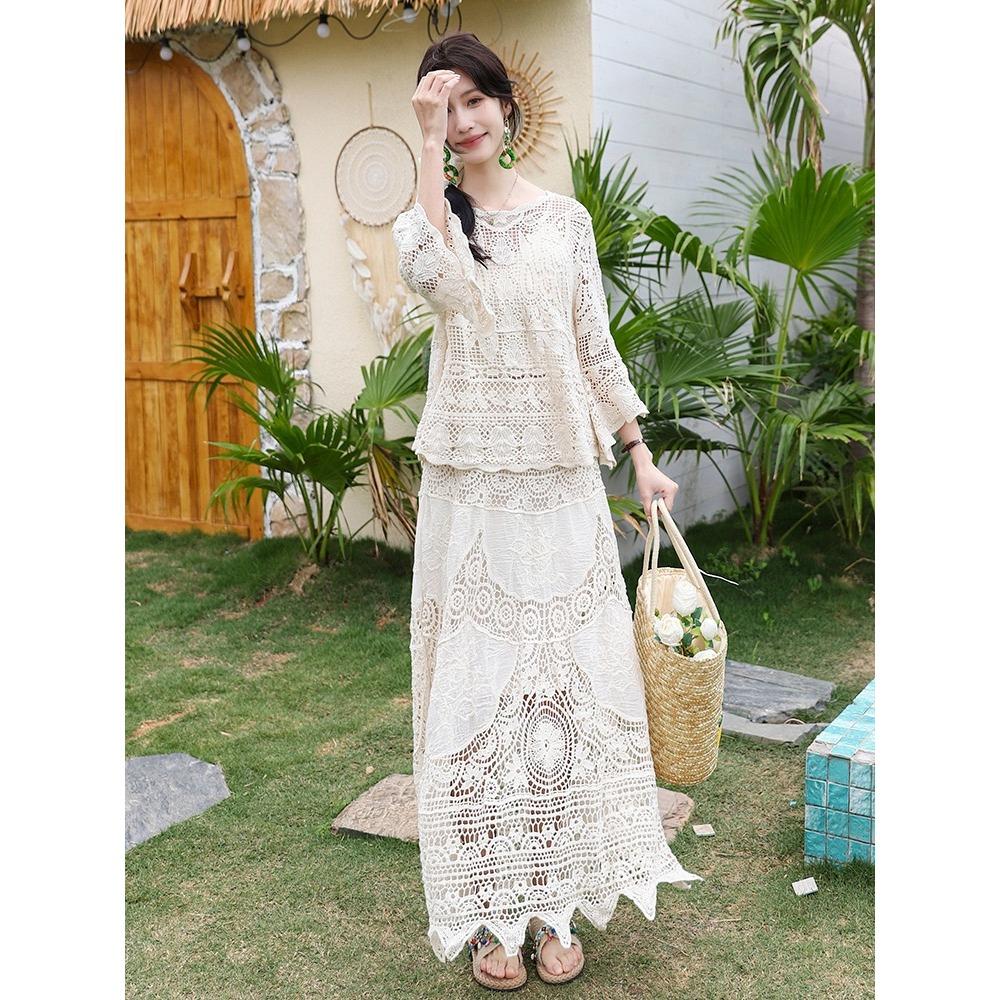 DIMANAF 2025 Women New Suit Skirt Knitting Beach Short Sleeve Lace Hollow Out Sexy O-Neck Hollow Summer Style Tops Tees Loose Basic