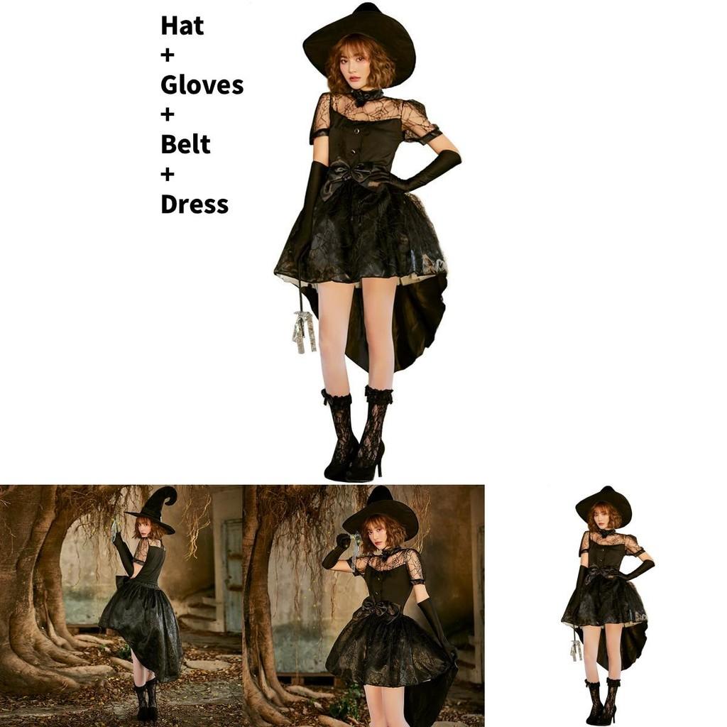 Black Lace Mesh Witch Tailcoat Dress Costume For Halloween Party Cosplay