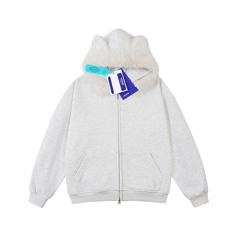 

Wassup Heavyweight Short Hooded Sweatshirt with Bunny Ears for Men and Women, Autumn and Winter Loose Trendy Brand Couple Hooded Top Jacket Light gray 2XL