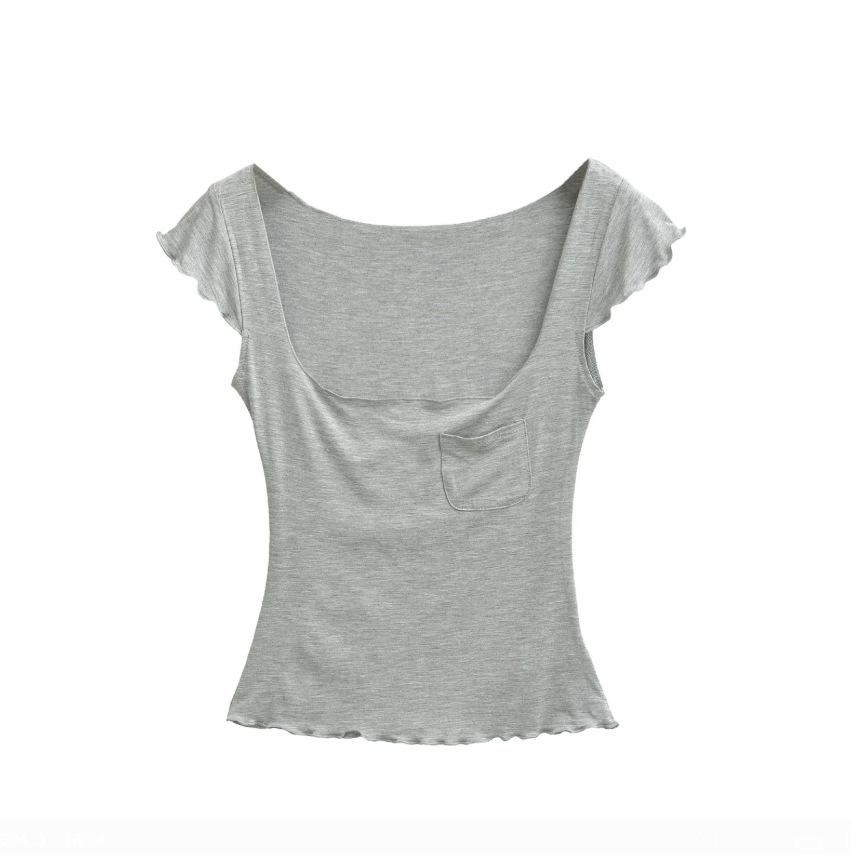 Fungus edge short-sleeved T-shirt women's summer new American Spice Girl solid color square neck light and slightly transparent elastic top