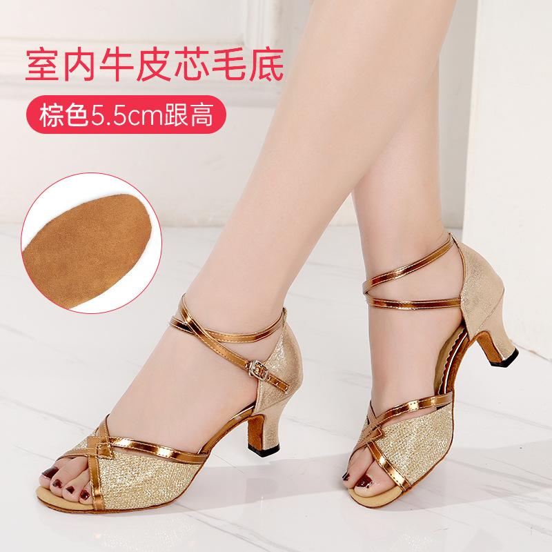 Girls Dance Shoes Sequined Latin Dance Shoes Open Toe Sandals High Heels Crystal Sparkling Standard Dance Shoes