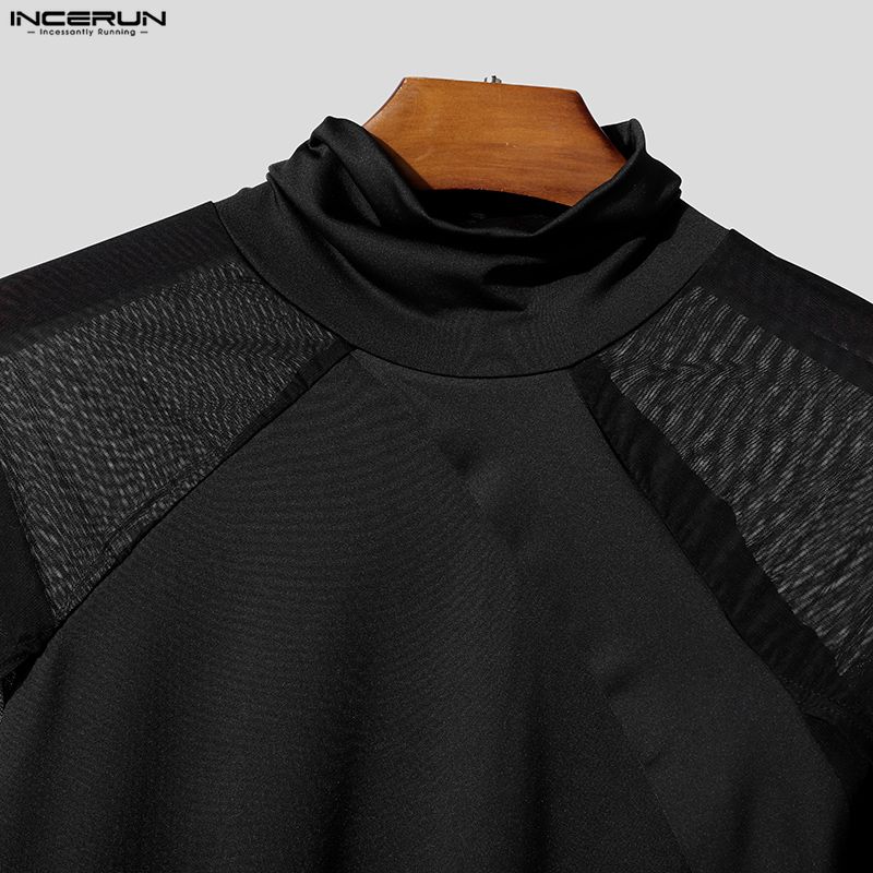 INCERUN Men Turtleneck Long Flare Sleeve Mesh Sheer Transparent Fitted Tops Party Clubwear T-shirts