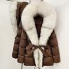Winter lace-up hooded loose thickened coat women's retro versatile temperament real fox fur collar duck down jacket