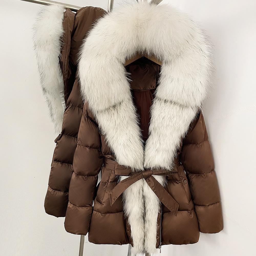 Winter lace-up hooded loose thickened coat women's retro versatile temperament real fox fur collar duck down jacket