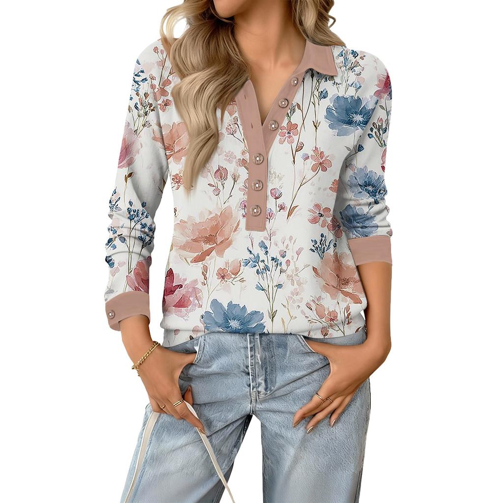 Damen Retro Street Lässiges V-Ausschnitt Langarm Knopf Floral Print Pullover Top