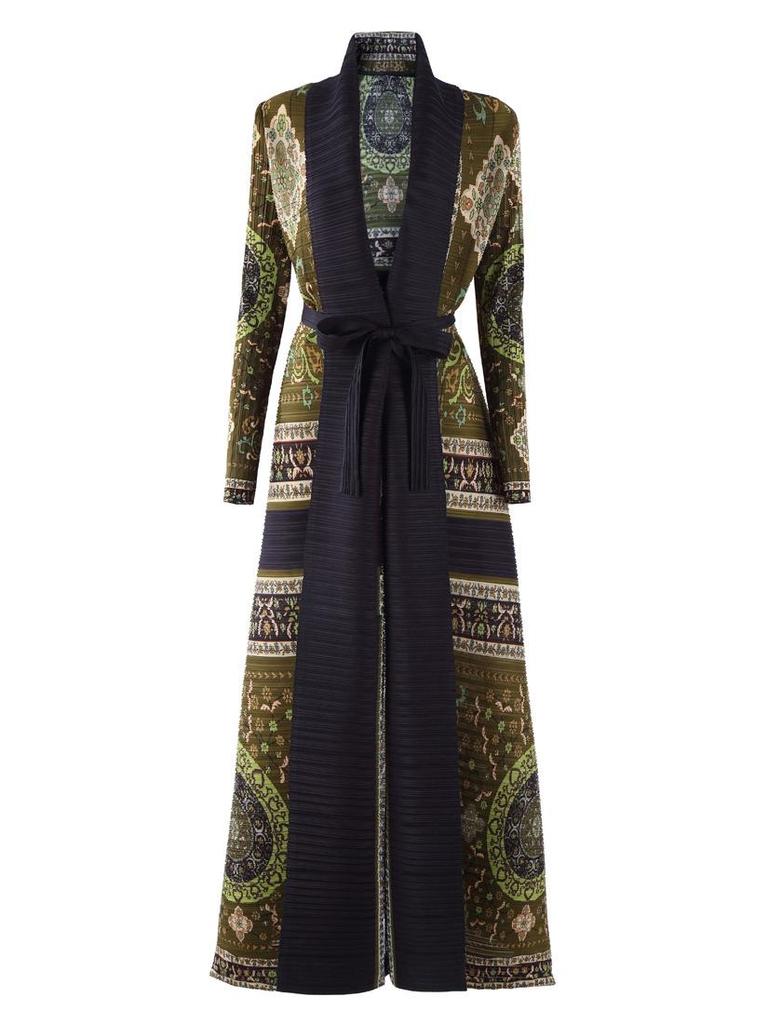 Pleated Printed Long Trench Coat for Women - 2025 Spring Lapel Loose Fit Plus Size Long Sleeve Robe