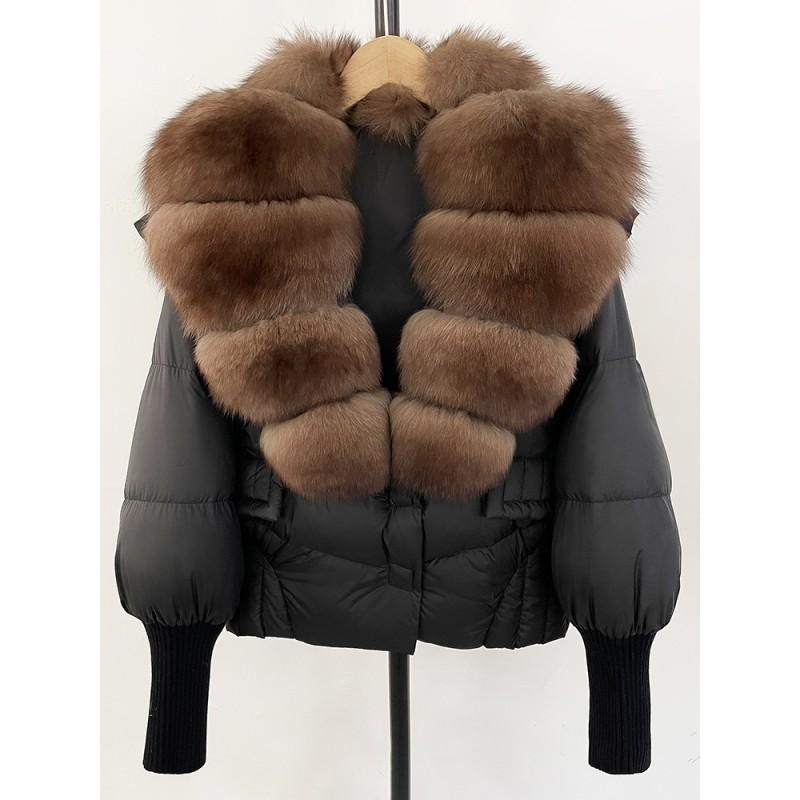 Womens Short Puffer Coat With Real Fox Fur Collar Winter Warm Down Jacket Loose Fit Small Stature